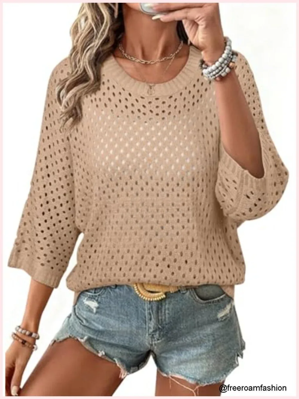 Crochet Crew Neck 3/4 Sleeve Pullover Sweater